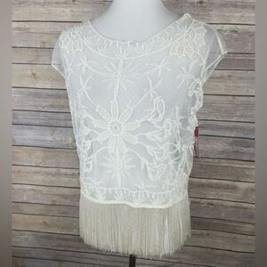 Xhilaration Lace Fringed Blouse Sheer Boho Floral Hippie Top